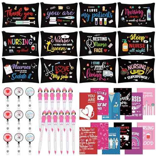 Yeaqee 48 Pcs Nurse Christmas Appreciation Gifts Set Bulk Include Makeup Cosmetic Bag Pocket Journal Notebooks Ballpoint Pen Badge Reel for Christmas Women Rn Assistant Student(Black,Nursing)