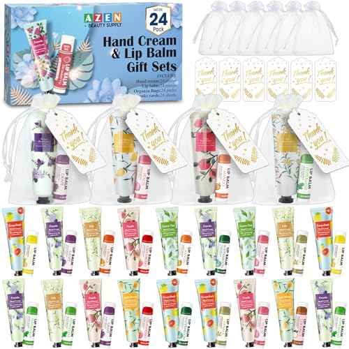 AZEN 24 Sets Bulk Gifts, Hand Cream and Lip Balm Bulk Set with Organza Bag Thank You Card, Baby Shower Wedding Gifts for Guests, Bridal Wedding Favors for Guests, Thank You Gifts for Women