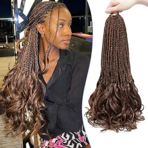 WOKAA French Curly Braiding Hair Pre looped 18 Inch 8 Packs Crochet Hair for Women Dark Brown mix Brown Crochet Box Braids with Curly Ends Synthetic Hair Extensions P4/30#