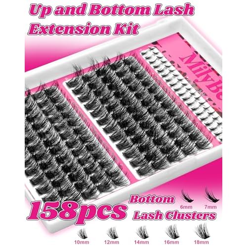 MilyBest Fluffy Lash Clusters Kit Volume Eyelash Clusters with Bottom Lashes 10-18mm Individual Lashes Clusters Manga Lash Extension Kit Waterproof Bond and Seal Thick Full D-Curly Eyelashes, Fable
