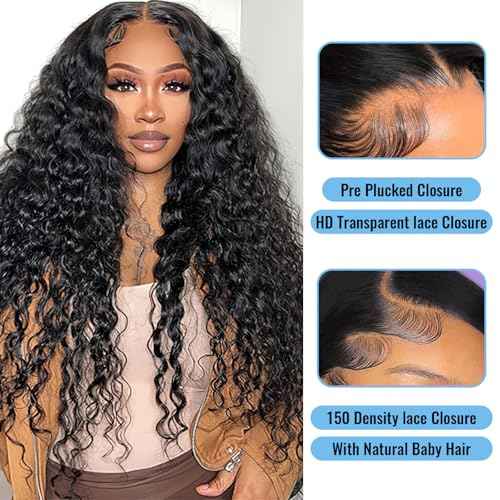 13x6 HD Lace Closure Deep Wave Human Hair HD Transparent Lace Closure Human Hair Pre Plucked 12A Virgin Hair Closures for Black Women 22 Inch