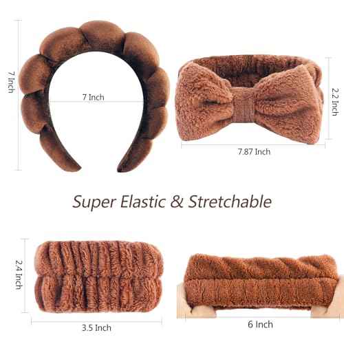 VELSCRUN Spa Headband, Makeup Face Wash Skincare Headbands, 6 Pcs Coffee Color Sponge Bow Tie Get Ready HairBand Facial Wristband Set, Stuff for Teen Girls Women Trendy Fashion Hair Accessories