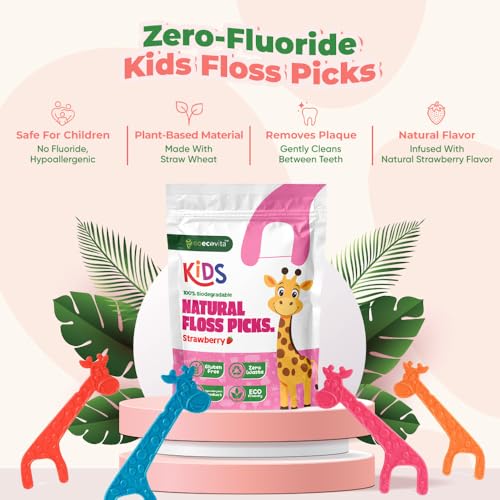 Biodegradable Kids Flossers - Dental Floss Picks for Children | Fluoride & Plastic-Free | Colorful & Fun Animal Floss Sticks | Eco Friendly, Vegan, Natural (Strawberry - 200 Pack)