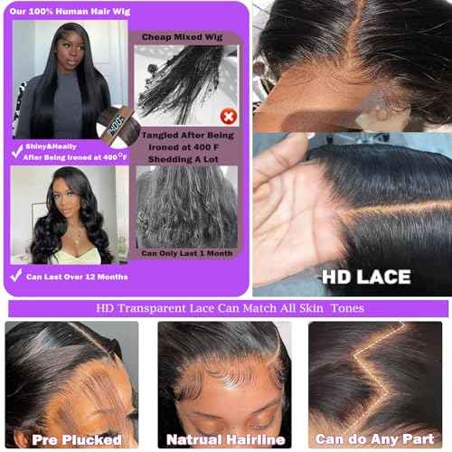 13x6 Body Wave Lace Front Wigs Human Hair 200% Density HD Lace Front Wigs Human Hair Pre Plucked Glueless Wig 100% Virgin Lace Frontal Wigs for Women Natural Color (20inch)
