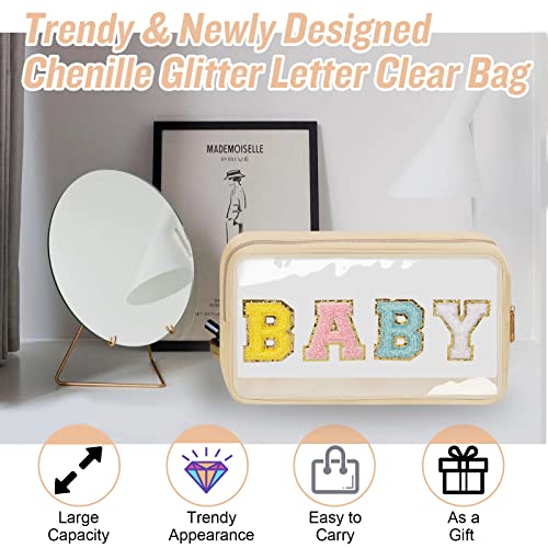 2 Pcs Chenille Letter Clear Makeup Bag Mama Baby Pouch, Mama Baby Hospital Duffle Bag Pink Clear Diaper Bag Organizing Pouches with Zipper, Travel Baby Toiletry Bag Nylon Cosmetic for Women(MAMA+BABY)