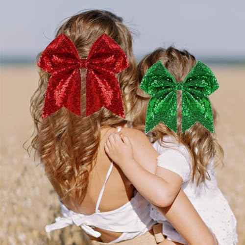 Large Big 7 Inch Glitter Bow Clip Sequin Bling Party Hair Accessories for Women Teens Girls Kids 2 Pcs (Red, Christmas Green)
