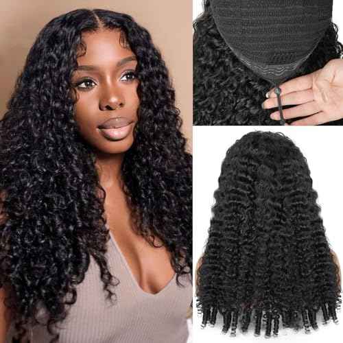 Burmese Curly Half Wigs Human Hair with Drawstring And Spiral End,200% Density Wear And Go Glueless Wigs Curly 3 In 1 Half Wig for Women,Wet And Wavy Water Wave Human Hair,Natural Black(20 Inch)
