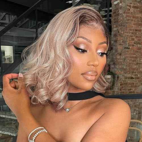Ombre Milk Tea Blonde Bob Wig Human Hair Body Wave 200% Density Loose Wave 13x4 Hd Brown Roots with Ash Blonde Summer Bob Wig Pre Plucked with Baby Hair for Women 14 Inch