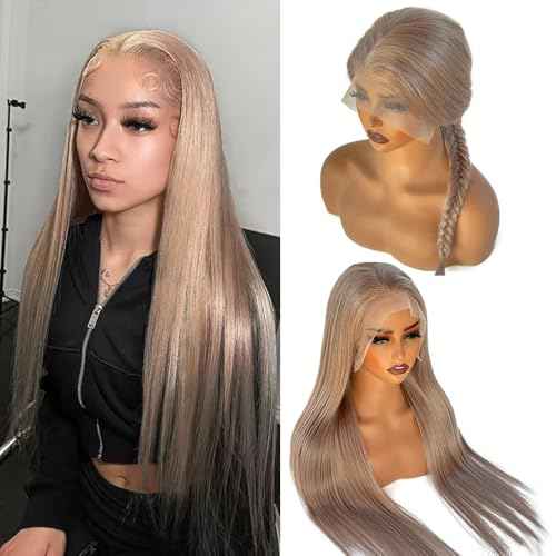 SOSEXY Ash Blonde Straight Lace Front Wigs for Black Women Pre Plucked Ash Blonde Wig Human Hair 13x6 Transparent Lace Front Wigs Human Hair Dark Brown Roots Human Hair Wig Pre Plucked 22 Inch
