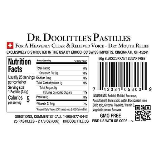 Dr. Doolittle¡¯s Sugar Free Soft Fruit Pastilles for Voice and Throat, Blackcurrant Flavor, 2.12 Ounce Tin, approximately 25 Count Package, 3 Pack