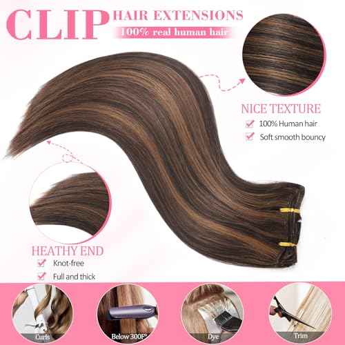 Clip in Hair Extensions Real Human Hair, Seamless Balayage Human hair Clip ins Extensions for Women Invisible Straight 8Pcs Double Weft Dark Brown Highlight Chestnut Brown 18inch 100g