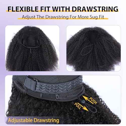 V SHOW Afro Curly Half Wig Human Hair 180% Density Wear Go Glueless Wigs Human Hair 18 Inch Curly 3 In 1 Half Wigs for Women Drawstring Seamless Flip Headband Wig Beginner Friendly