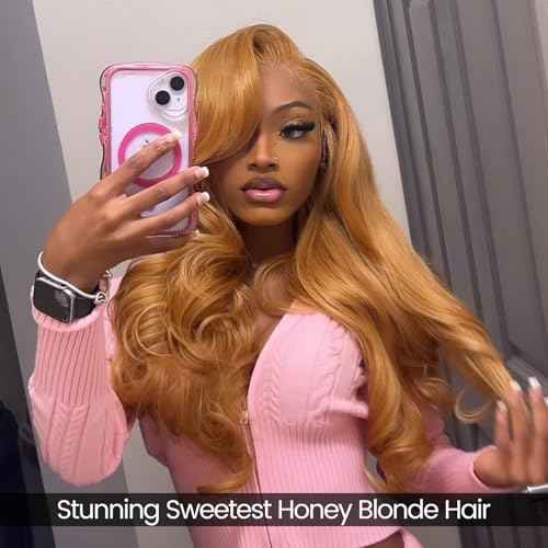 ALHER 12A Honey Blonde Body Wave Human Hair Bundles with Closure, Color #27 Sun-kissed Vibe Golden Blonde Wavy HD Transparent 4x4 Closure with 3 Bundles Soft Thick Sew In Weave Wavy 10 12 14+10