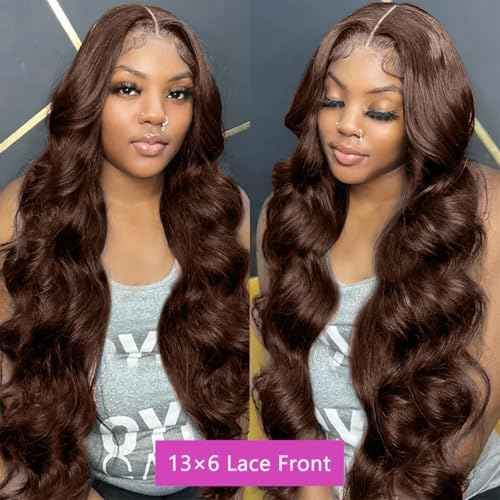 13x6 Chocolate Brown Lace Front Wig Human Hair HD Transparent Body Wave Lace Front Wigs Human Hair Pre Plucked 200% Density Glueless Frontal Brown Wig Human Hair 28 Inch
