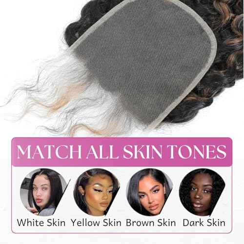 F1B30 Highlight 5x5 HD Lace Closure Water Wave Human Hair (16 Inch, Free Part), Invisible Transparent Wet n Wavy Black With Brown Colored Curly Closure 100% Remy Hair