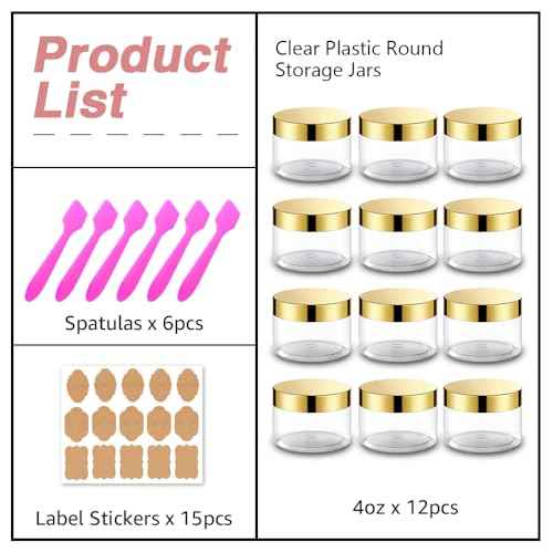 12 Pack 4 oz Plastic Cosmetic Containers With Gold Lids Refillable Clear Empty Travle Jars Containers for Body Butter,Sugar Scrubs,Cream,Lotions,Candy, Label&Spatulas