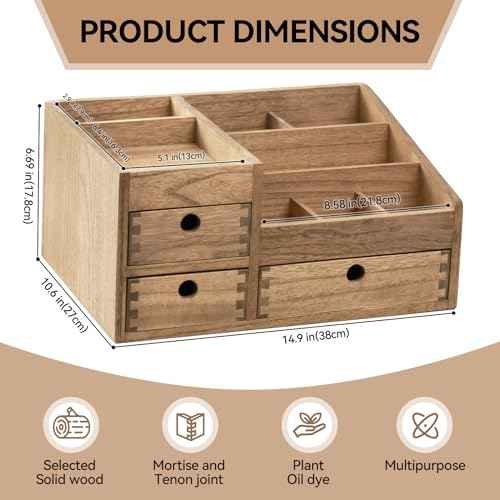 KIRIGEN Wood Makeup Organizer Storage Cabinet Tabletop Cosmetic Organizer Jewelry Storage Box 8 Compartment Makeup Display Case with 3 Drawers Brown(HZG-DBR)