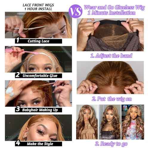 22 Inch 5x5 HD Lace Closure Wigs Human Hair Body Wave Wear and Go Glueless Wigs Pre Plucked Pre Cut P4/27 Honey Blonde Highlight Ombre Lace Front Wig Human Hair Wig 180% Density