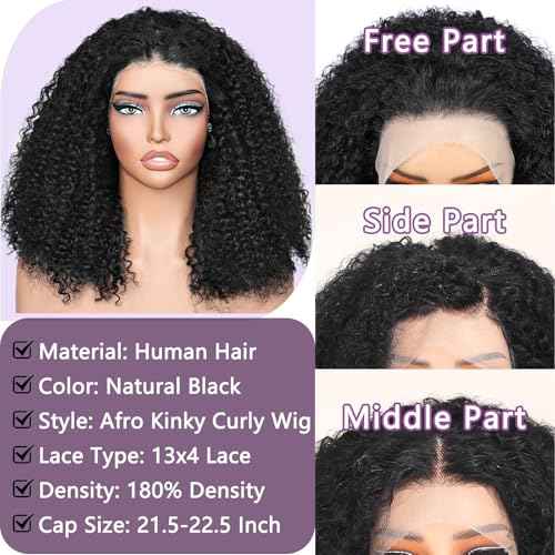 Afro Kinky Curly Wig Human Hair, 13x4 Lace Front Curly Afro Glueless Wigs 180 Density, Pre Plucked Transparent Lace Frontal, Brazilian Human Hair Bob Wig for Women, Natural Black 18 Inch