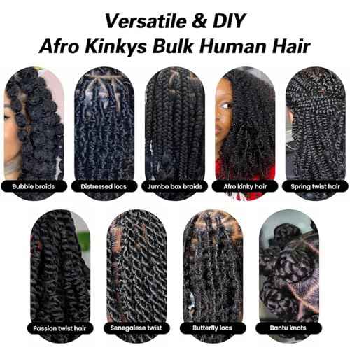 18 Inch Afro Kinky Curly Human Hair Bulk 3 Pack, Pre Looped Micro Locs Dreadlocks Extension, 1B Natural Black for DIY Twist Braids Crochet Repair Protective Styles
