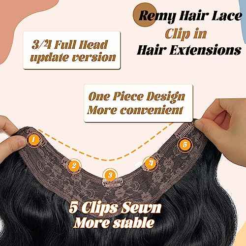 Body Wavy Black Clip in Hair Extensions Real Human Hair,Jet Black Double Weft 18inch 100% Real Hair Extensions Clip ins Jet Black One Piece with 5 Clips 3/4 Full Head Extensions for Short Hair