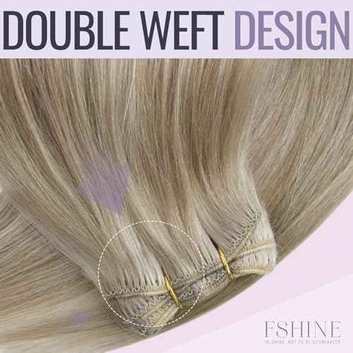 Fshine Weft Hair Extensions Human Hair 18 Sew in Remy Extensions Color Ash Blonde 18p613 Mixed with Bleach Blonde for Women 100g Brazilian