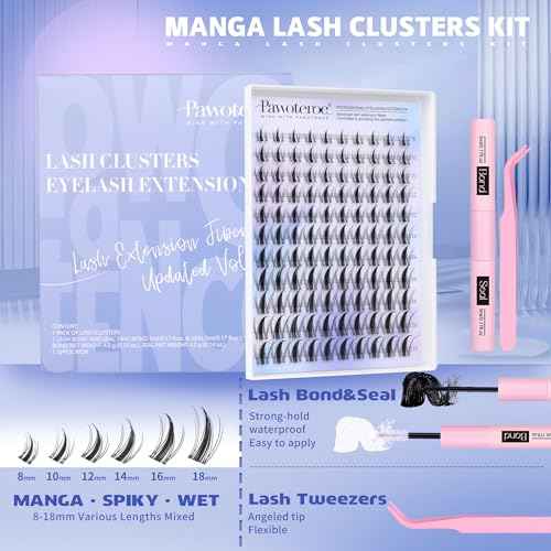 Pawotence Manga Lash Clusters Kit Eyelash Clusters 8-18mm Lash Extension Kit Fairy Individual Lashes Cluster Wispy with Lashes Cluster Glue, Tweezers for Invisible Band Cluster Eyelash Extensions Kit