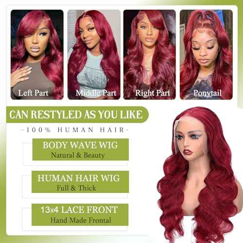 30 Inch Burgundy Body Wave Human Hair Wig 13x4 Lace Front Wigs Human Hair Pre Plucked 99j Burgundy Wig Human Hair with Free Part 180% Density Glueless Colored Wig for Women