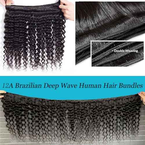 Great Grace 12A Deep Wave Human Hair Bundles 18 20 22 Inch Curly Bundles Human Hair 100% Unprocessed 3 Bundle Brazilian Virgin Human Hair Extensions Quick Weave Natural Black Color
