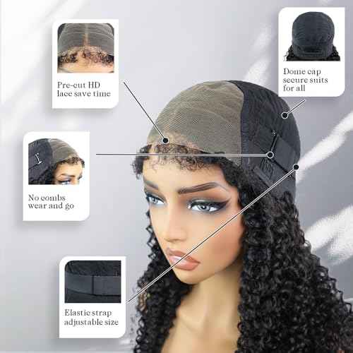 4C Edges Glueless Wigs Kinky Curly Human Hair Pre Plucked Pre Cut 6x4 HD Lace Front Wear and Go Glueless Wig with Kinky Edges 180% Density 18 inch