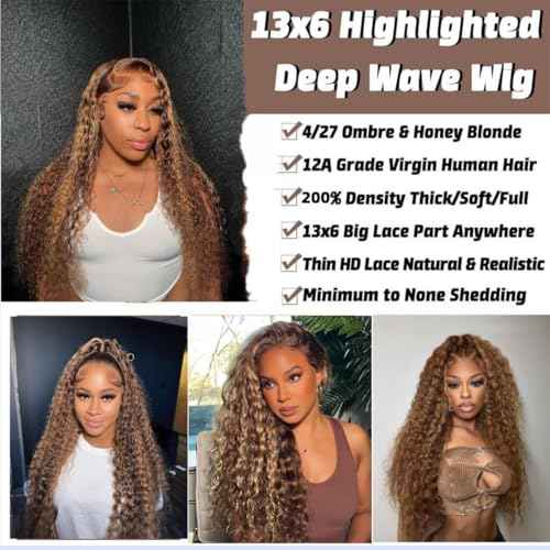 Honey Blonde Deep Wave Wigs Human Hair Highlight Ombre Lace Front Wigs Human Hair 4/27 Curly Wig for Black Women 200% Density 13x6 Wet and Wavy Human Hair Wig