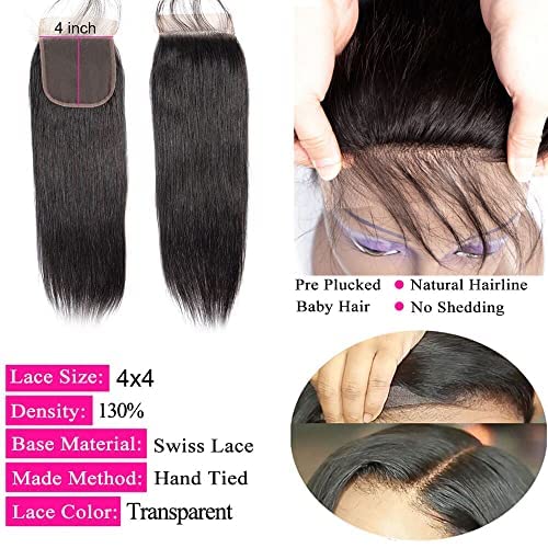 Hd Transparent Straight 4x4 Lace Clsoure Human Hair Pre Plucked With Baby Hair 100% Unprocessed Brazilian Human Virgin Hair Lace Closure For Black Women Free Part Natural Black Color