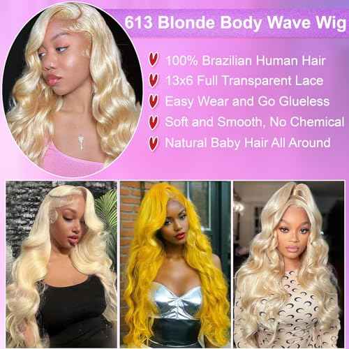 613 Blonde 30 Inch 13X6 HD Lace Front Wigs Human Hair Body Wave 613 Loose Body Wave 13X6 Transparent Lace Frontal Wigs 100% Human Hair Pre Plucked with Baby Hair Daily Wear Wig for Women