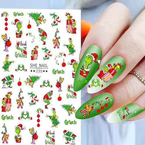 Griinch Nail Art Stickers Decals 7 Sheets, Christmas Nail Stickers for Nail Art Design Holiday Decoration Accessories for Women Girls Kids 3D Self-Adhesive