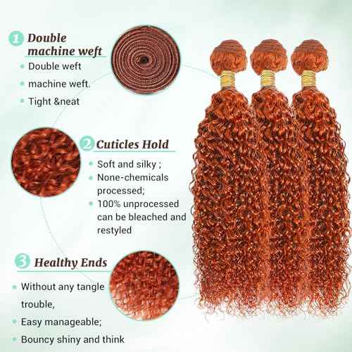 #350 Ginger Orange Bundles Human Hair Water Wave Bundles 16 18 20 Inch Wet and Wavy Human Hair Bundles 100% Unprocessed Brazilian Virgin Ginger Orange Hair 3 Bundle Human Hair Extensions for Women