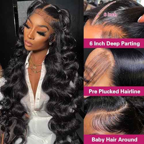 30 Inch Body Wave Lace Front Wigs Human Hair 200 Density 12a Grade 100% Virgin Human Hair Wigs for Black Women 13x6 Hd Transparent Lace Pre Plucked Natural Black