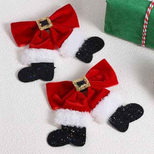 Red Velvet Ribbon Hair Bows 2pc Glitter Sparkly Christmas Santa Claus Decor Hair Clip Barrettes Alligator Hairpins Holiday Party Dress Decor Accessory for Girls Women Xmas Gift