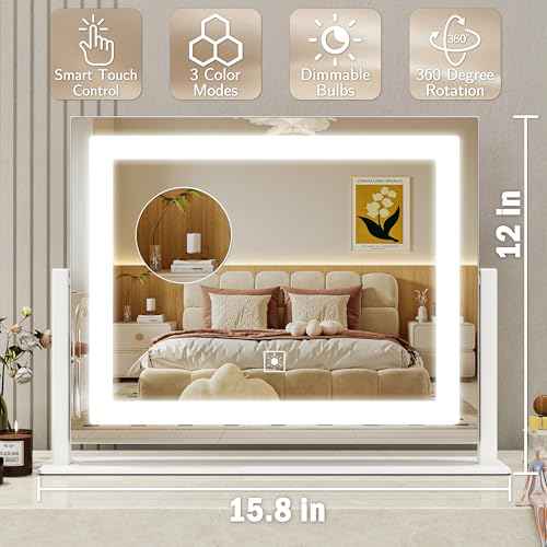 ROLOVE 16x12 Inch Vanity Mirror with Lights, Lighted Makeup Mirror with 10X Magnification, Smart Touch 3 Colors Dimmable, Dresser Mount, Bathroom (White)