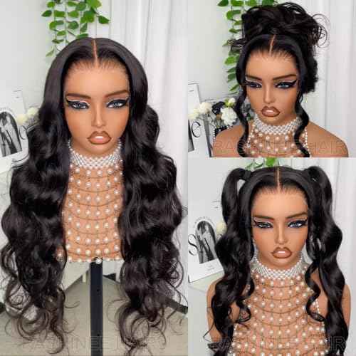 360 Lace Front Wigs Hman Hair Body Wave 360 Drawstring Human Hair Wig Glueless Pre Plucked HD Lace Pre-Bleached Knots Pre-Cut Natural Hairline (Natural Black, 18 inches)