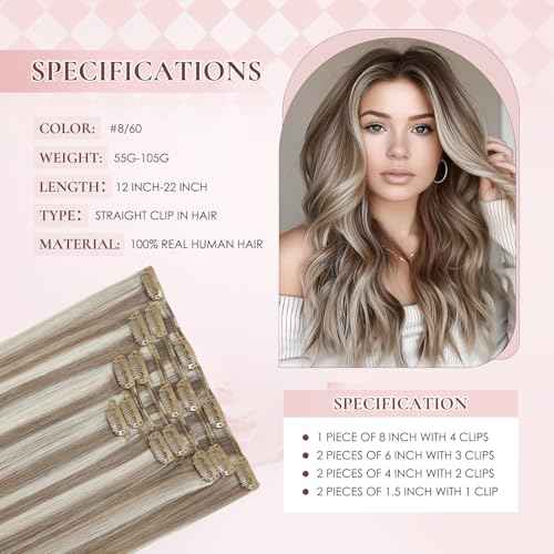 20 Inch Clip in Real Human Hair Extensions, P8/60 Ash Brown Highlights Platinum Blonde Remy Thick Invisible Straight Clip Hair,Seamless,95 Gram 7 Pieces With 16 Clips