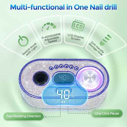 Nail Drill Electric File: DEDNMSCA Sparkly Professional Nail Drill Kit, 40000RPM E-file Machine with USB LED Light and 12 Drill Bits for Acrylic Nail Remove Gel Polish Manicure for Salon Home, Diamond
