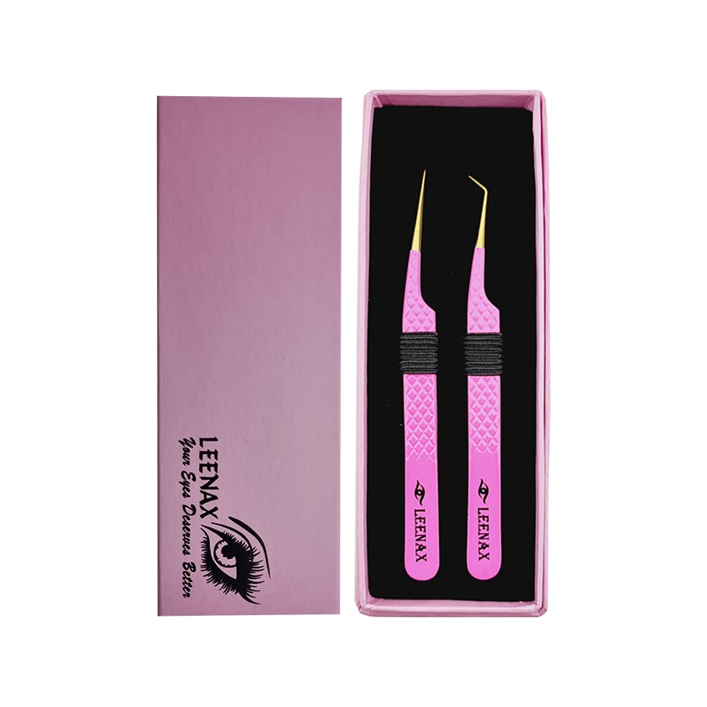 LEENAX 2 Pcs Pink Stainless Steel Tweezers for Eyelash Extensions, Eyelash Extension Tweezers Set, Volume Tweezers, Lash Extension Precision Tweezers, Extension tweezers.