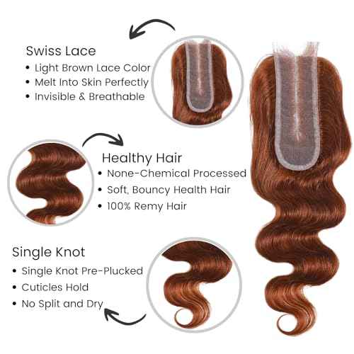 ALHER 33 Reddish Brown Body Wave Long Deep Part 2x6 Lace Closure, Copper Brown Colored 2x6 Kim K Closure Pre Plucked with Baby Hair, 12A 100% Brazilian Virgin Remy Human Hair for Black Women 14 Inch
