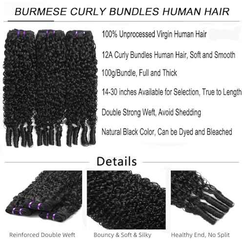 Vanlov 3C4A Burmese Curly Human Hair Bundles 18 20 22 Inch Curly Bundles Unprocessed Burmese Raw Hair Extension Real Human Hair Natural Color Human Hair Weft