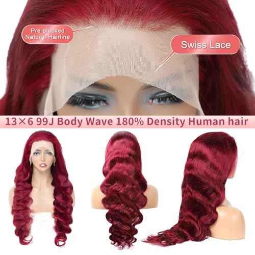 Body Wave Human Hair Wigs for Women Glueless HD Lace Front Wigs Human Hair Body Wave 180 Density Lace Frontal Wigs Human Hair Pre Plucked Body Wave (99J Burgundy wigs, 30 Inch)