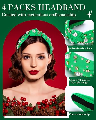 Riceshoot 4 Pcs Knotted Headbands with Pearl Rhinestone Crystal Jeweled Beaded Wide Top Headband Hairband for Women Ladies Girls Gift(Green, Red, Yellow, White)