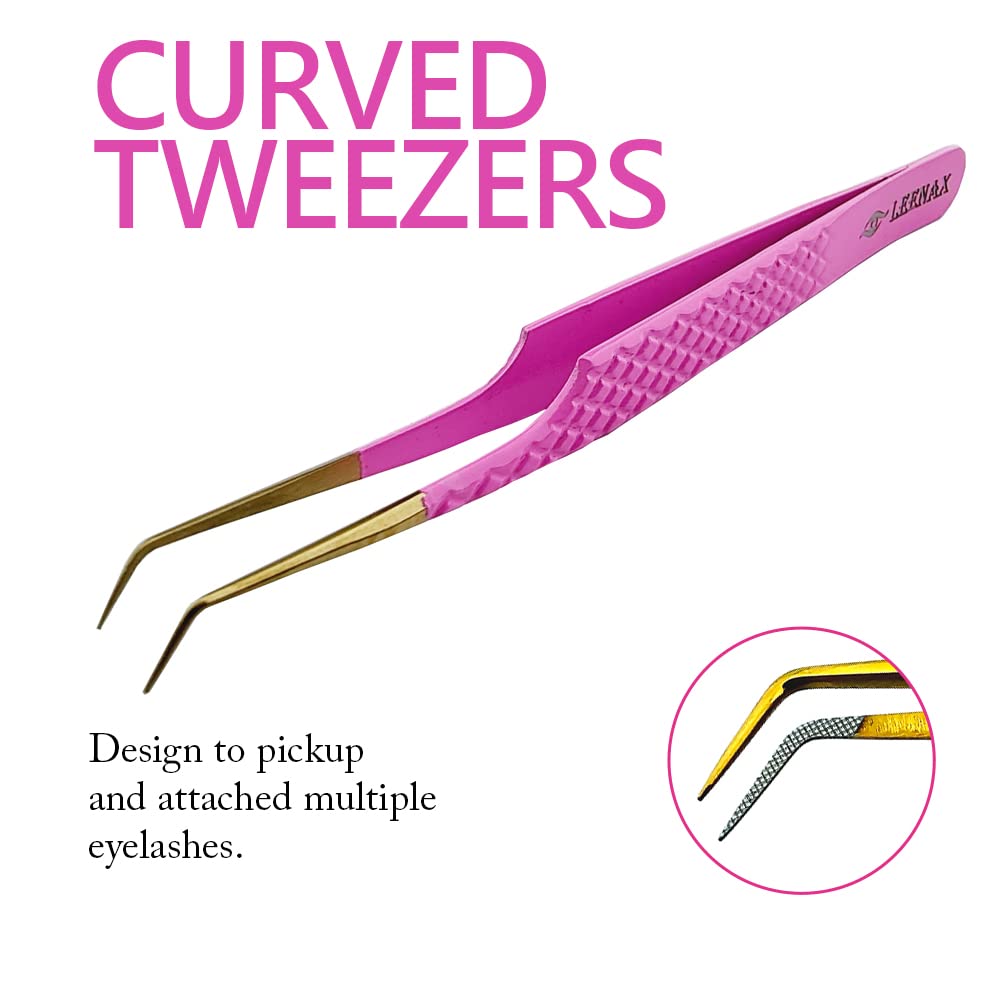 LEENAX 2 Pcs Pink Stainless Steel Tweezers for Eyelash Extensions, Eyelash Extension Tweezers Set, Volume Tweezers, Lash Extension Precision Tweezers, Extension tweezers.