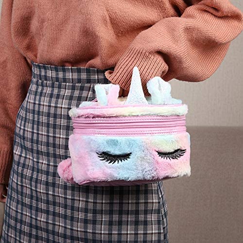 Newfancy Women Girls Kids Fluffy Faux Fur Unicorn Makeup Bag Small Cosmetic Organizer Plush Travel Storage Bags Toiletry Kit Case Vivid Kitten Purple