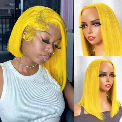 Yellow Bob Wigs Human Hair Straight 13x4 HD Transparent Lace Front Wigs Human Hair Colored Glueless Wig Pre Plucked 180% Density 8 Inch Short Yellow Bob Lace Wig Free Part