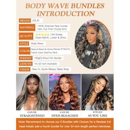 1b/27 Honey Blonde Highlight Bundles Human Hair Body Wave 14 16 18 Inch, Black and Blonde Balayage 3 Bundles Loose Wave Sew In Weave, 12A 100% Unprocessed Brazilian Raw Virgin Hair, P1b/27